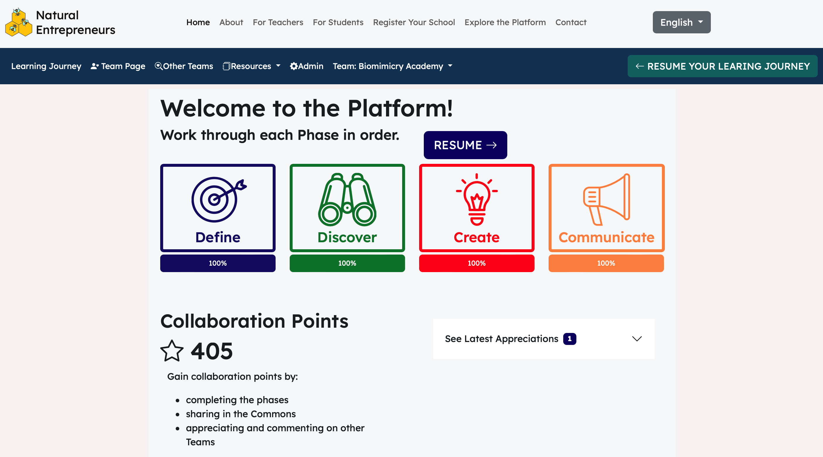 Screenshot of the Natural Entrepreneurs platform home page